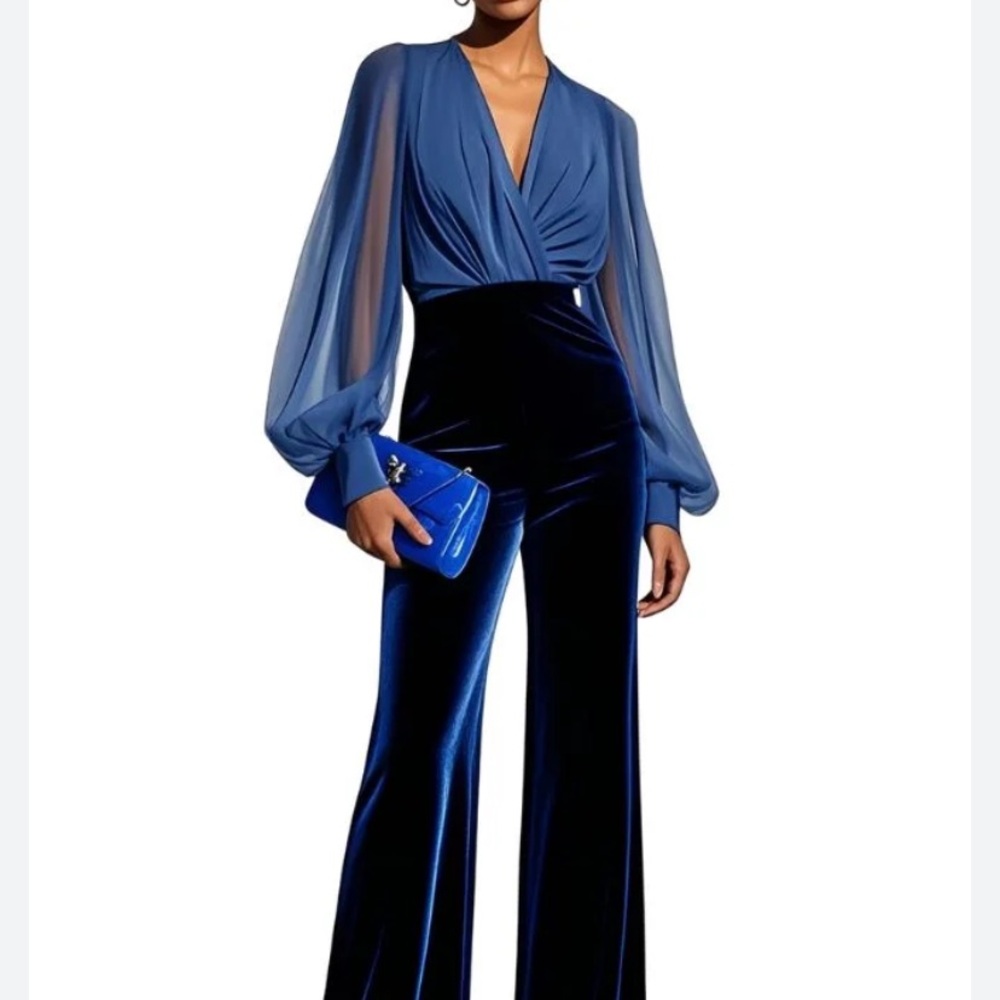NWT Fehaute Royal Blue Mesh V Neck Long Sleeve Velvet Jumpsuit 10